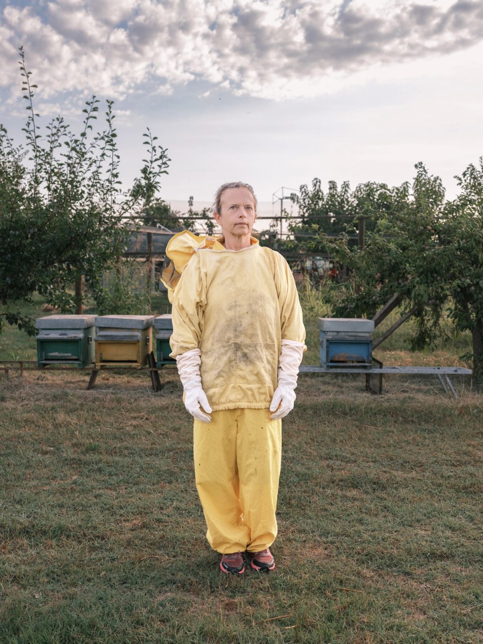 Beekeeper standing outdoors in protective clothing