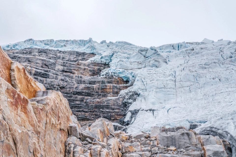Rocky mountain landscape with patches of snow