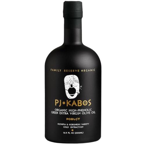 A bottle of PJ KABOS, a top 5 extra virgin olive oil for polyphenol count.