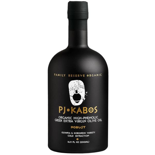 A bottle of PJ KABOS extra virgin olive oil