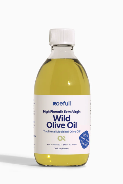 A bottle of Zoefull Wild Olive Oil, a Zoefull Wild Olive Oil high polyphenol oil.