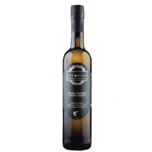 A bottle of Laconiko Olio Nuovo extra virgin olive oil