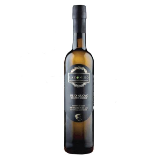 A bottle of Laconiko Olio Nuovo, an ultra premium extra virgin olive oil.