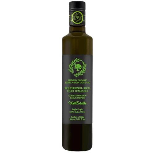 A bottle of WellEatable - Olio Italiano, a top 5 extra virgin olive oil for polyphenol count.