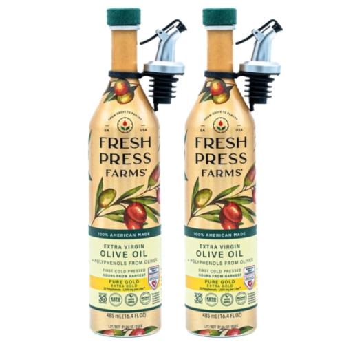 A bottle of Fresh Press Farms, a top 5 extra virgin olive oil for polyphenol count.