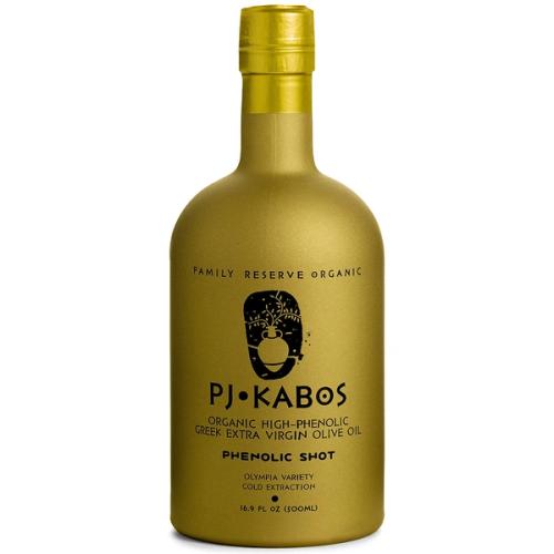 A bottle of PJ KABOS Phenolic Shot, a top 5 extra virgin olive oil for polyphenol count.