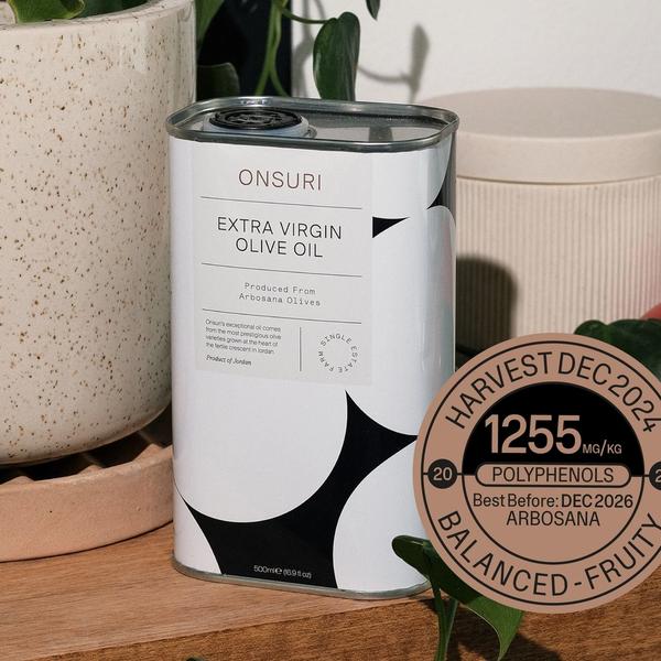 A bottle of ONSURI Arbosana extra virgin olive oil