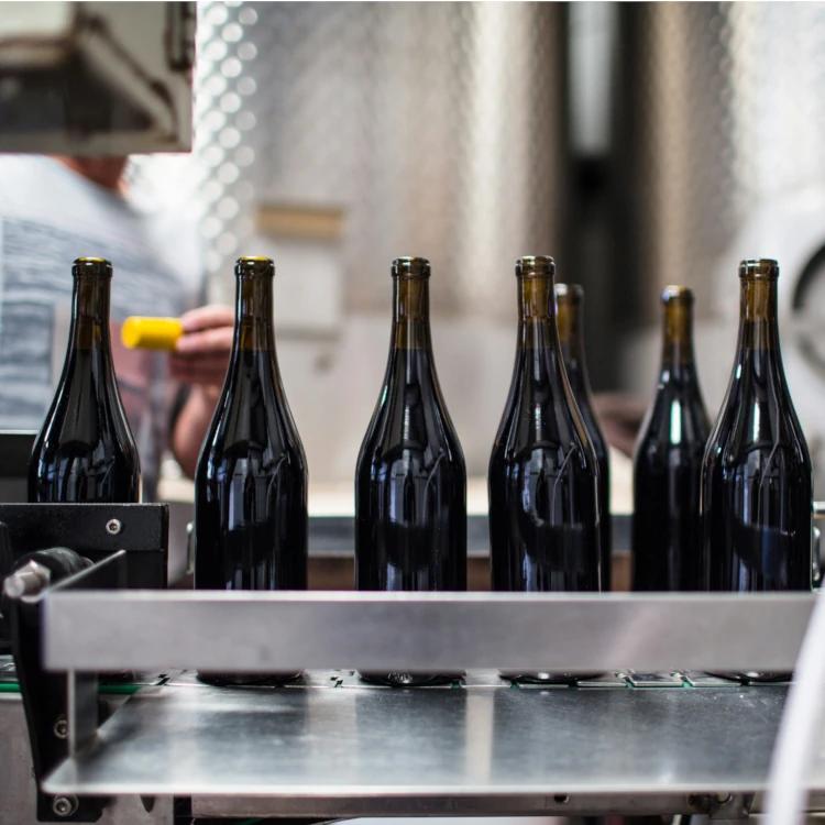 Glass bottles on a production line