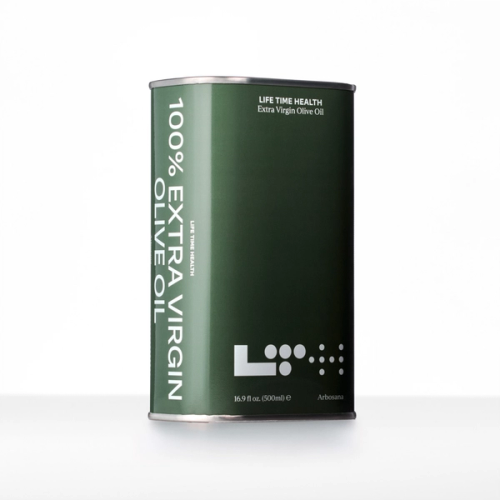 A bottle of Life Time Arbosana, an ultra premium extra virgin olive oil.