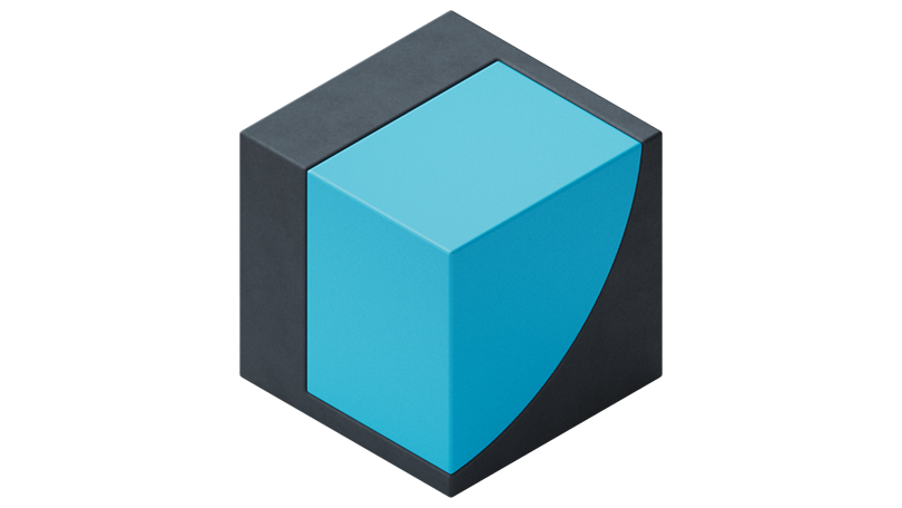 The image shows a three-dimensional cube with a unique design. The cube's outer shell is dark gray, and it encloses a smaller, bright blue cube inside. A curved section of the outer shell is missing, revealing the bright blue inner cube and creating a smooth, concave shape on one side of the larger cube. The perspective highlights the cube’s depth and the contrast between the dark outer layer and the vibrant blue interior.