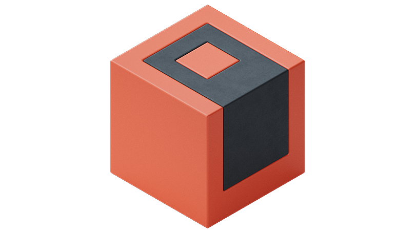 The image shows a three-dimensional cube with a smooth, matte surface. The cube is primarily a muted orange color, and it features a vertical black strip running down the front face and extending over the top. On the top surface of the cube, within the black strip, there is a smaller orange square centered inside a black square, creating a nested, geometric design. The background is plain white, emphasizing the cube.