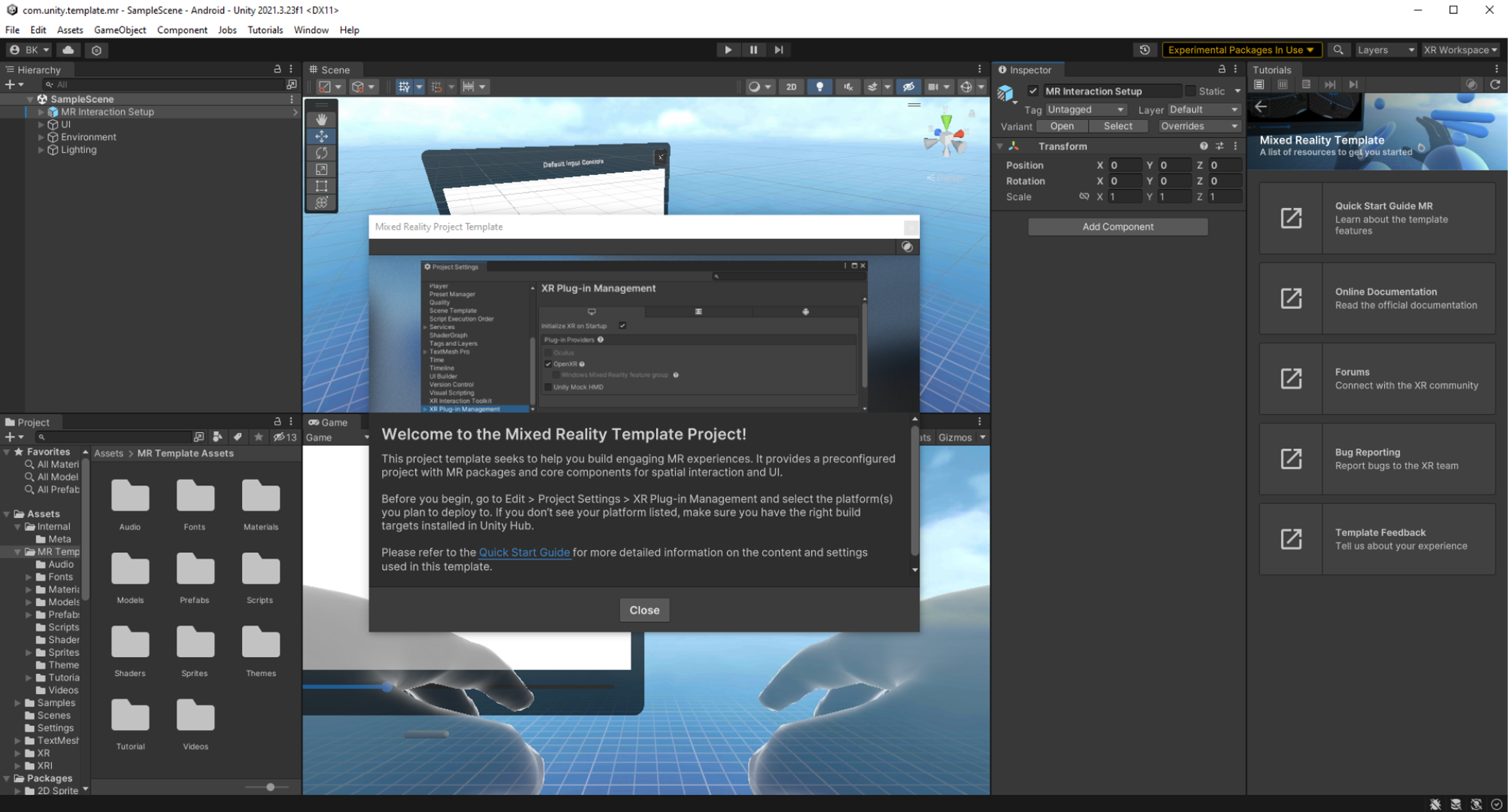 Unity Editor XR mixed reality workflow for OpenXR and Meta hardware