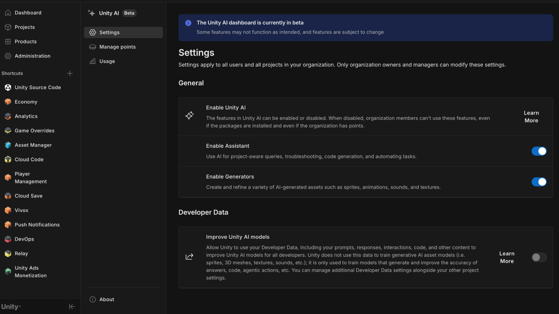 Dateneinstellungen im Unity Dashboard