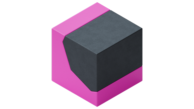 The image shows a three-dimensional geometric shape composed of two main parts. The base is a bright pink hexagonal prism with sharp edges and flat surfaces, while the top part is a smaller, matte black rectangular prism that is attached to the pink base. The black section also has a beveled edge on one side, creating a slanted surface that contrasts with the sharp angles of the pink base. The overall appearance is clean and minimalistic, with a strong color contrast between the bright pink and dark black elements.