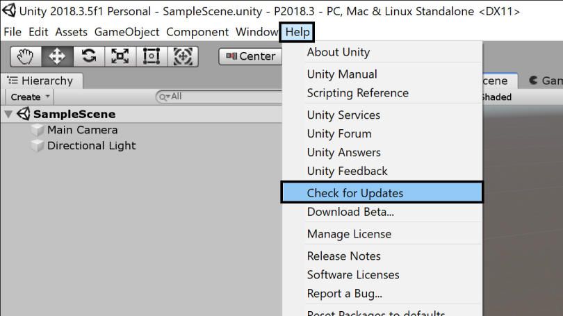 Unity-Suche nach Updates