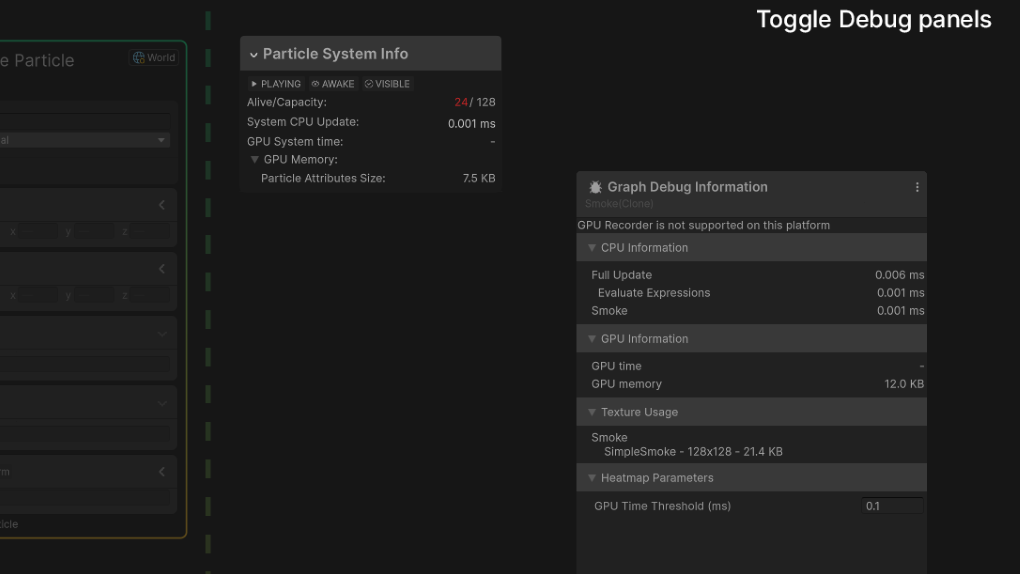 Unity 6 VFX Graph Profiling and Debug panels showing CPU and GPU timings and memory usage for a visual effect