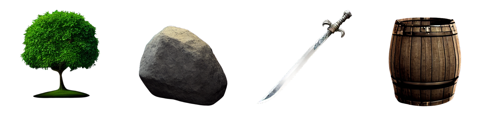 Unity’s November 2023 Muse Sprite model examples: a tree, boulder, sword, and barrel.