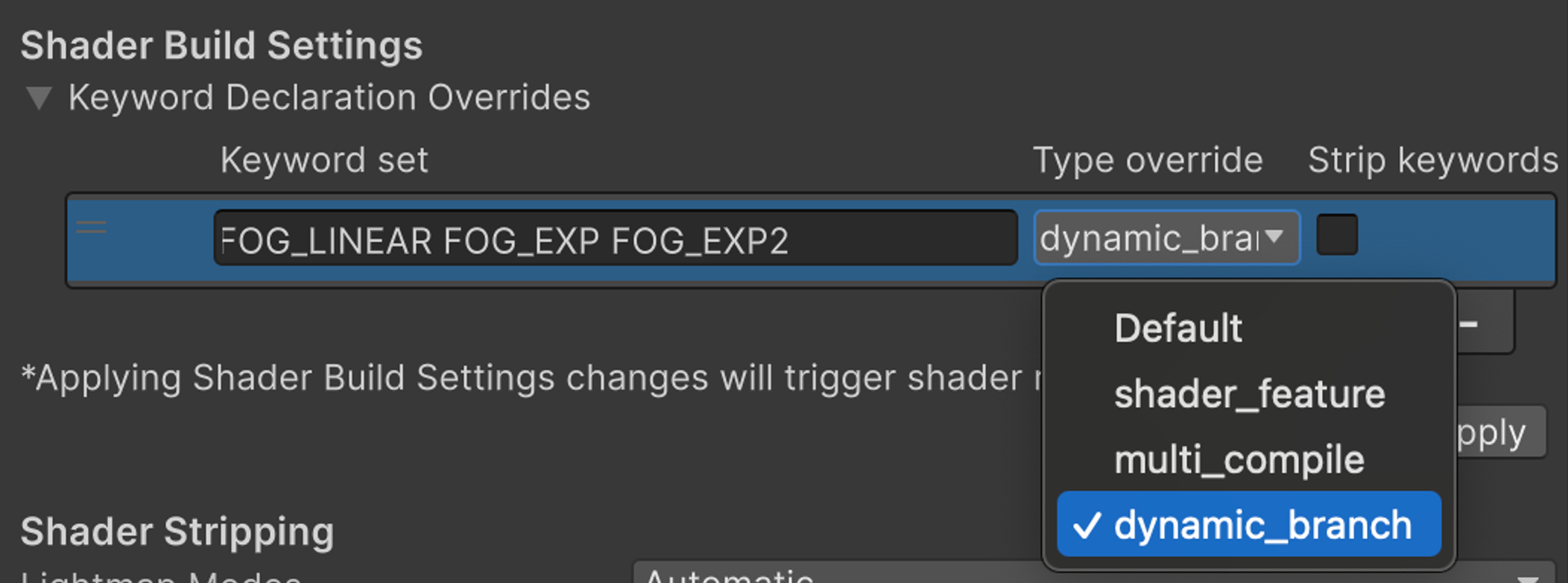 Unity 6.3 LTS shader build settings interface