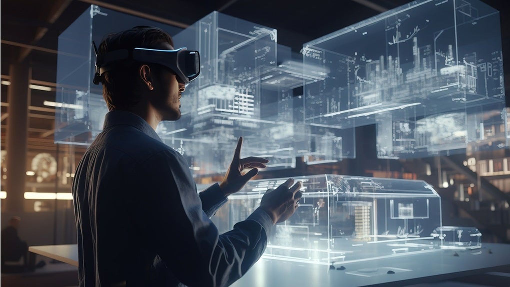 A man wearing a virtual reality headset is looking at a 3d model of a building