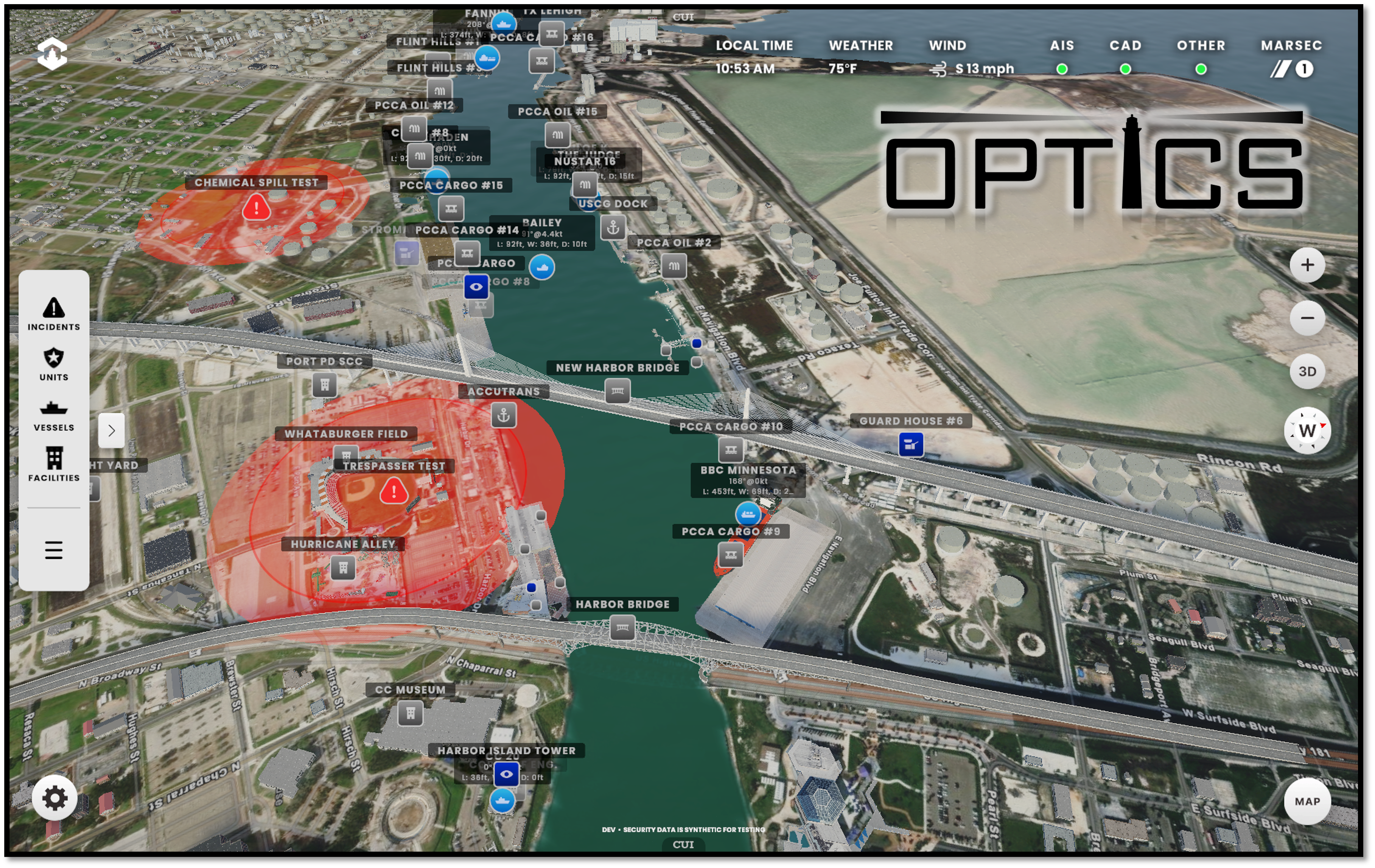 GEMELO DIGITAL ACTIVO 3D de OPTICS del Puerto de Corpus Christi, construido con Unity y ArcGIS de Esri