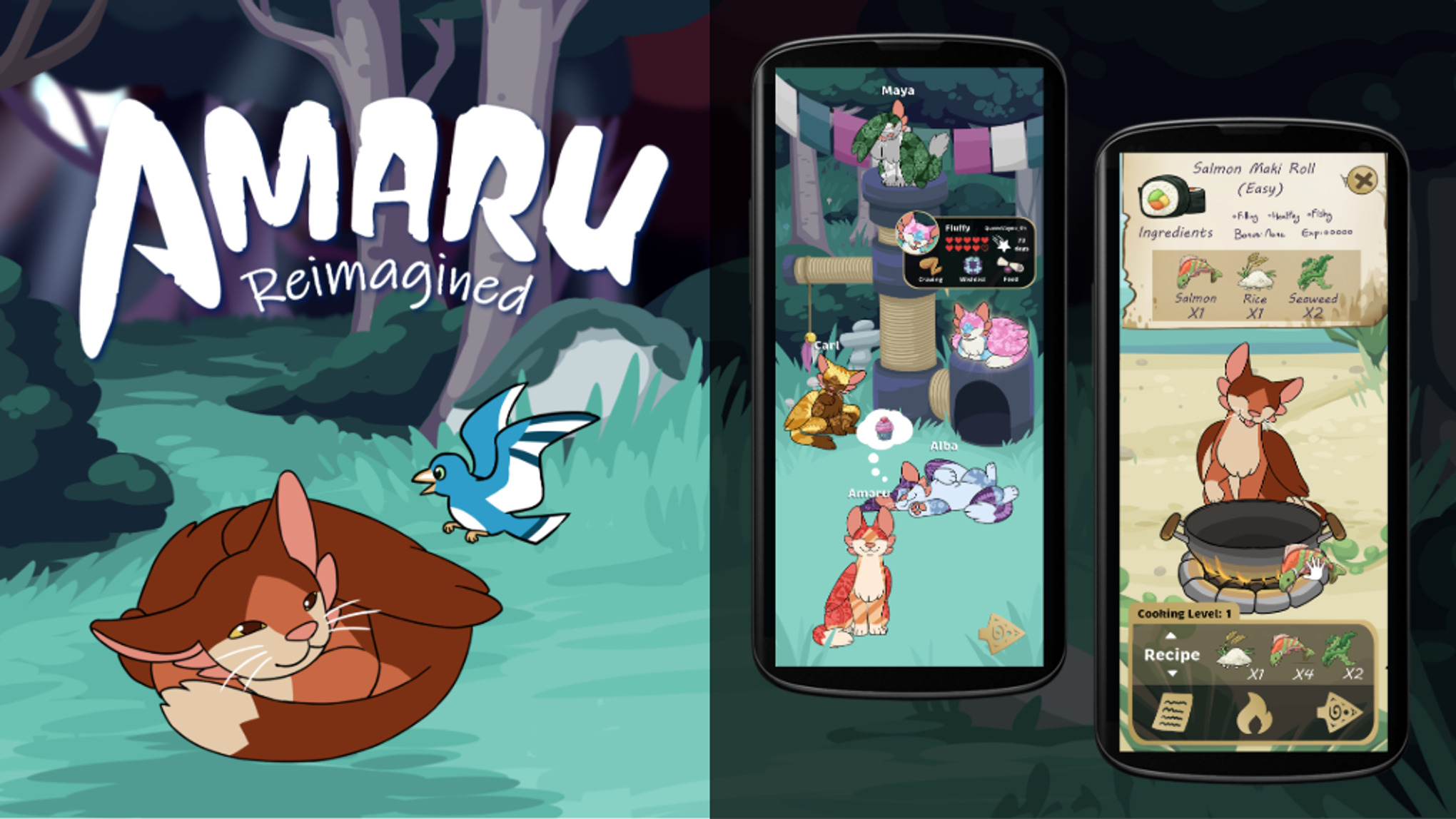 《Amaru Reimagined》移动端游戏的横幅广告，展示了森林中风格化的猫形生物，以及宠物照料和烹饪的游戏玩法画面。
