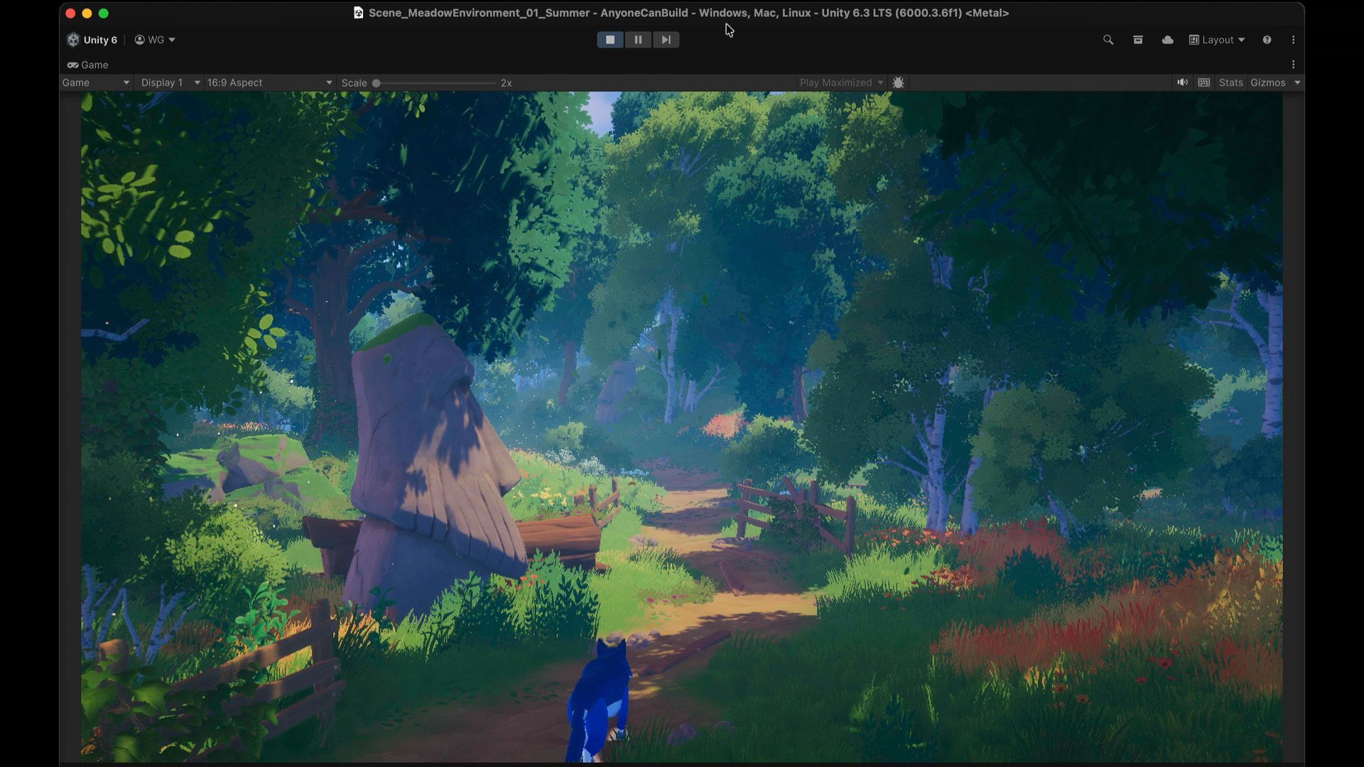 A screenshot of the Unity 6 editor showing a lush, stylized 3D forest environment in the Game View.
