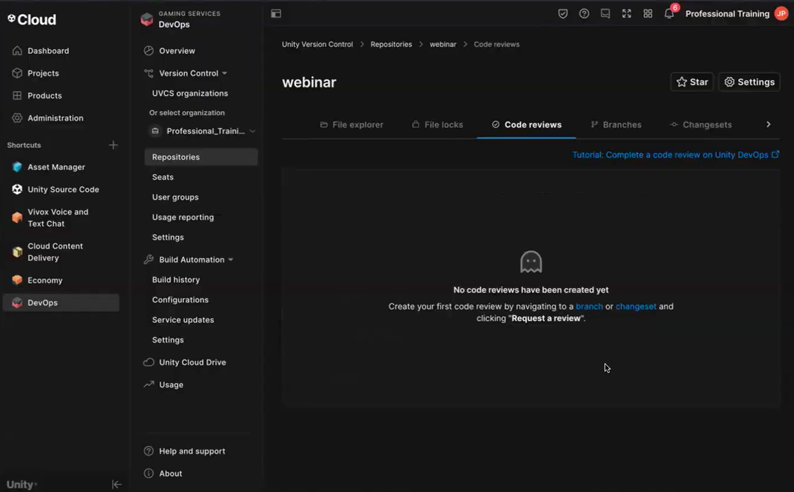 The 'Code reviews' tab in Unity Version Control in the Unity Cloud dashboard
