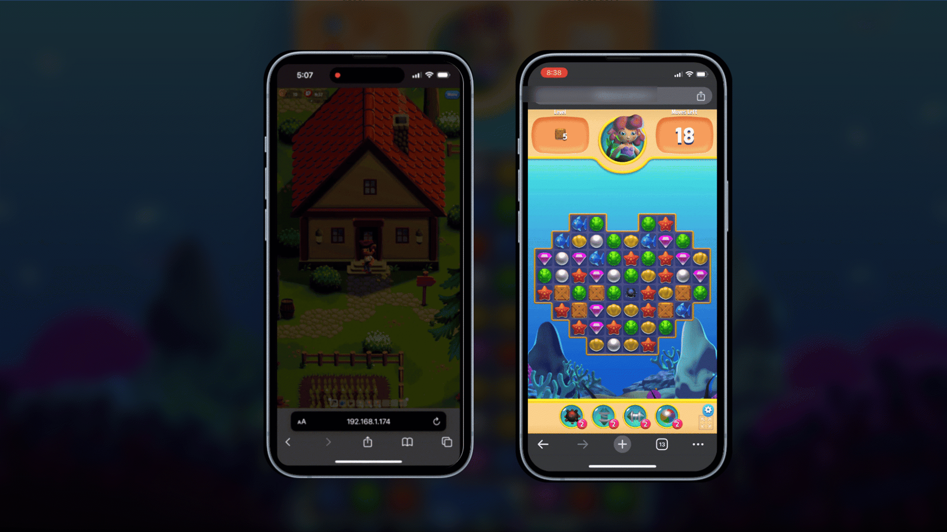 Android 和 iPhone 设备上 Unity 演示内容《Happy Harvest》和《Gem Hunter Match》的 gif。