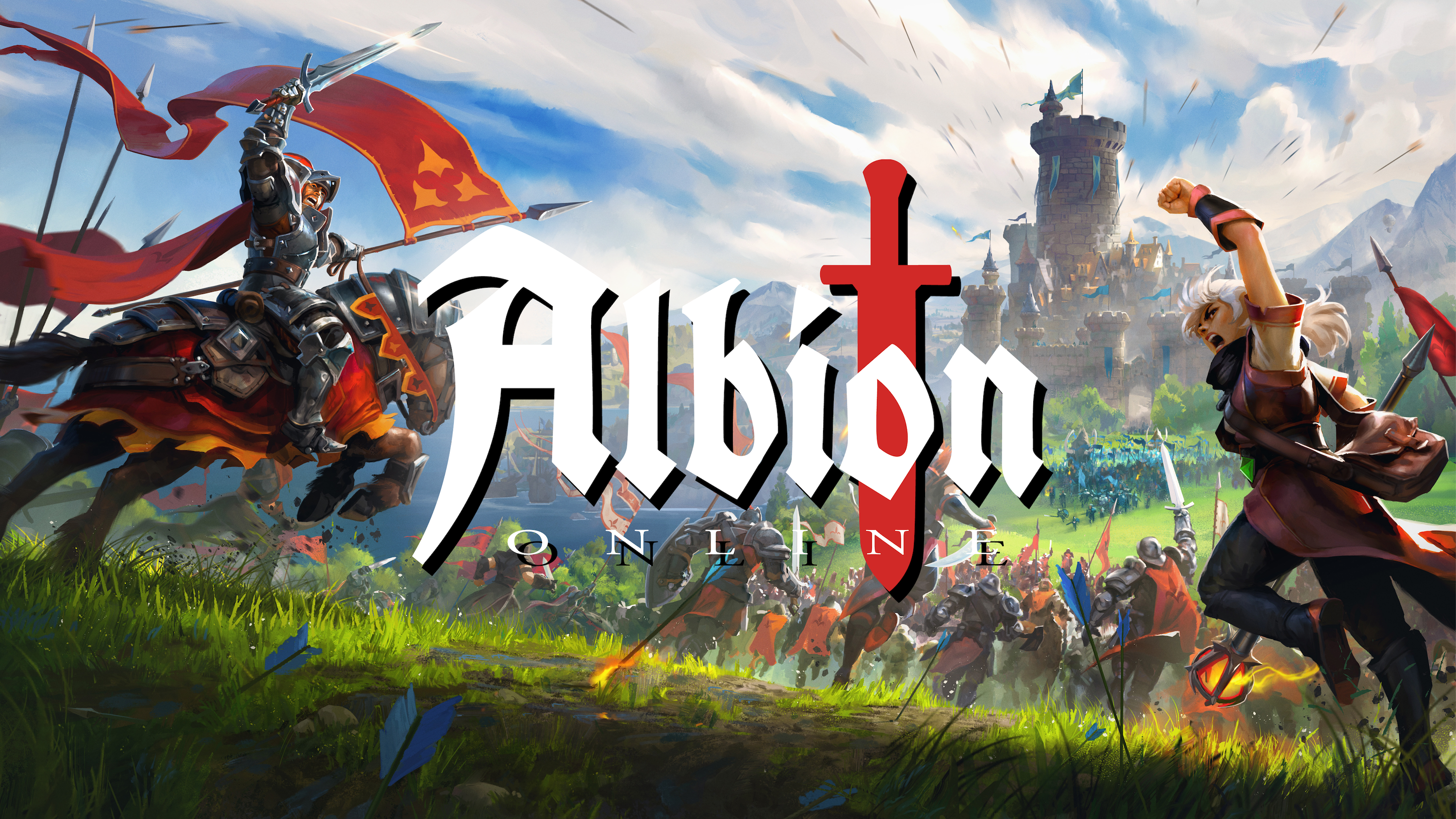 Sandbox Interactive 制作的《Albion Online》主视觉图。Made with Unity.画面左侧，一名手持红色三角旗的骑马骑士正向右侧那位高举拳头的金发战士冲去。他们身后正激战正酣。