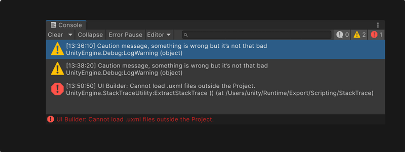 Окно консоли в редакторе Unity, отображающее логи консоли и сообщение о состоянии ошибки