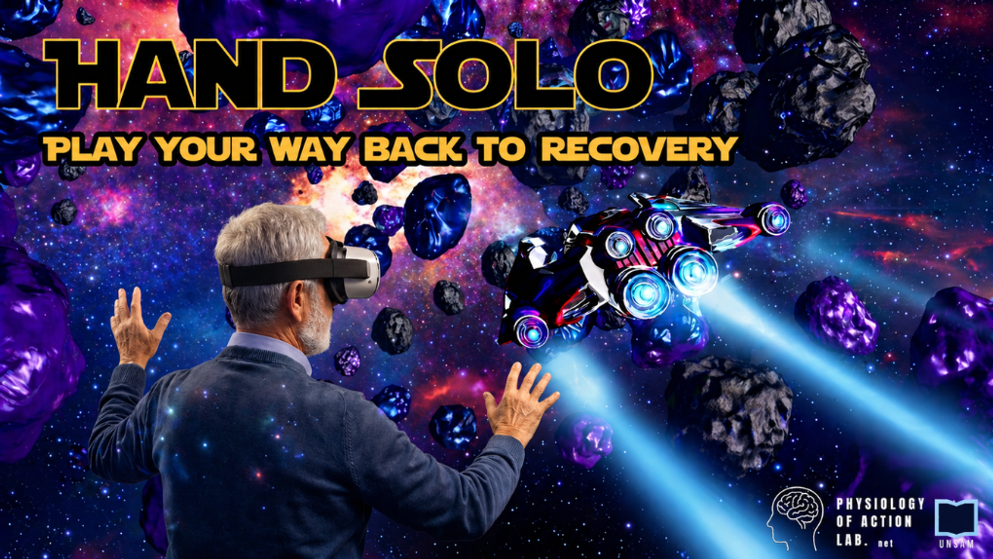 “Hand Solo”横幅广告展示了一名戴着VR头显的男子，他正在小行星带中通过手势操控飞船，以此进行物理治疗康复。