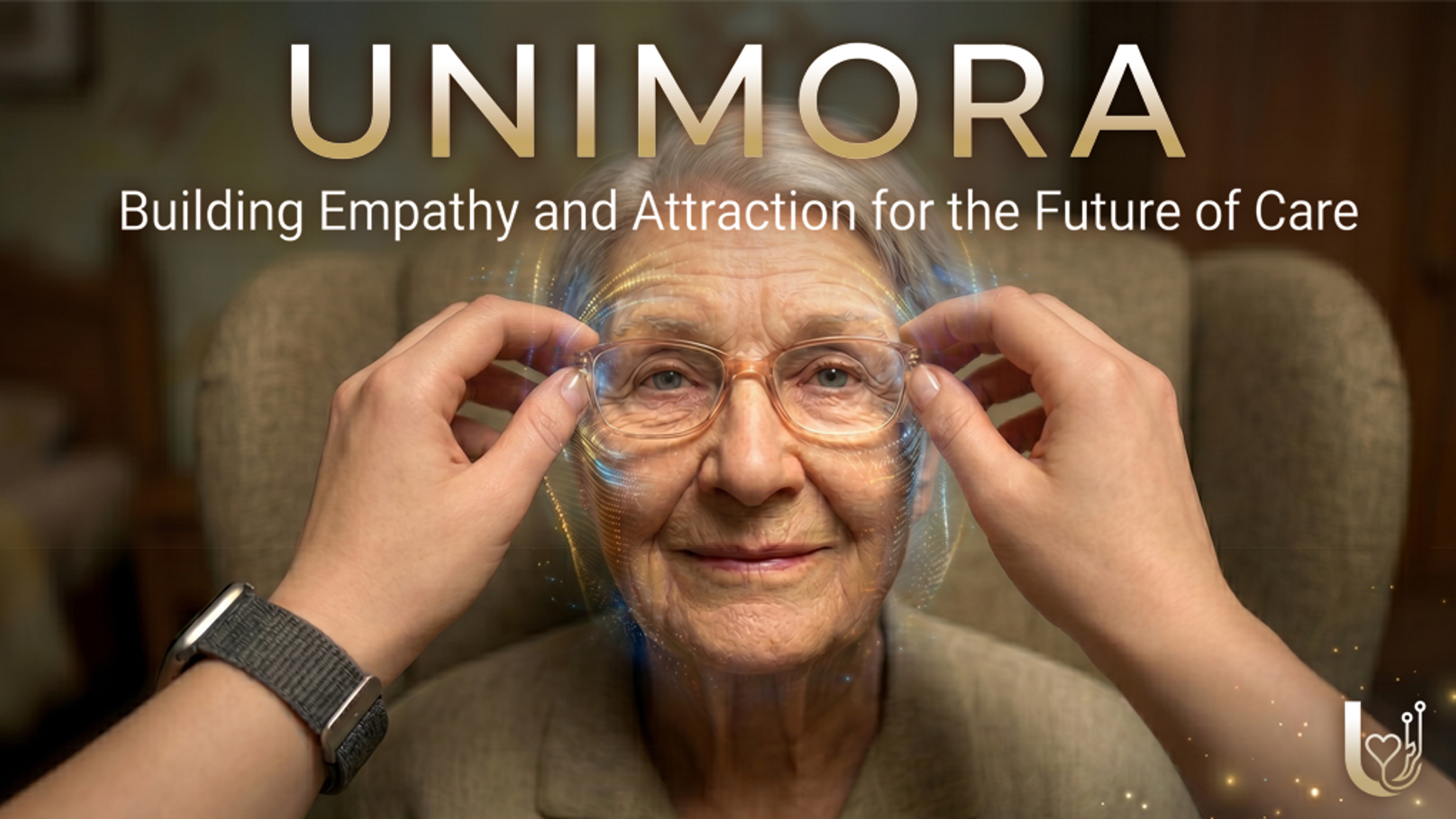 Unimora的横幅广告展示了一位护理人员将一副发光的数字眼镜戴在一位老妇人脸上，旨在“构建未来的护理工作同理心”。