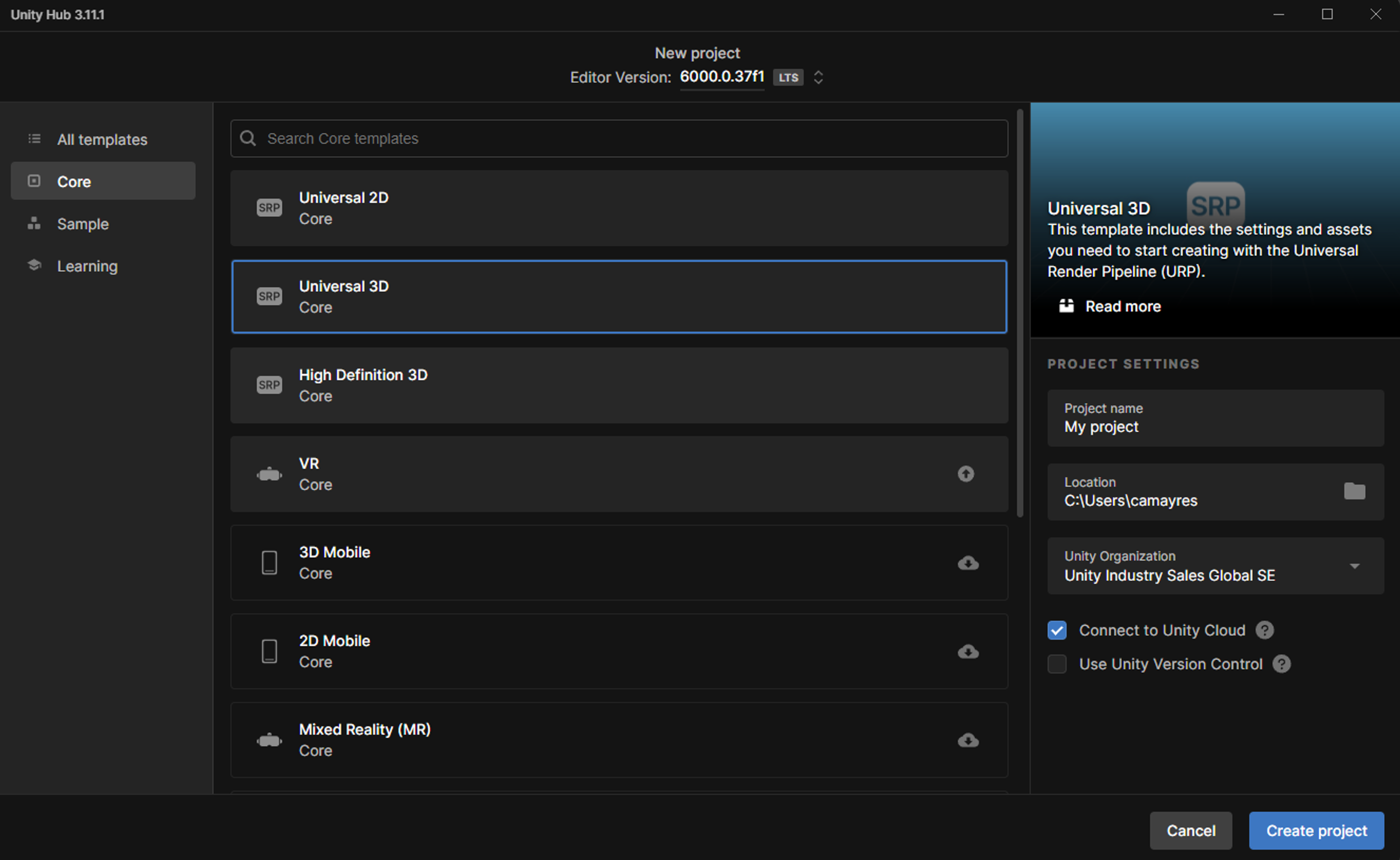 screenshot of connection to Unity Cloud/Unity Organization
