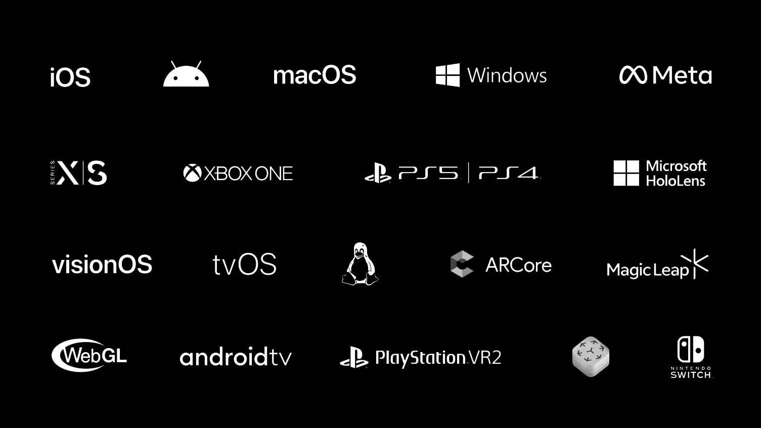 A grid of white logos on a black background representing various operating systems, gaming consoles, and XR platforms for software deployment.
