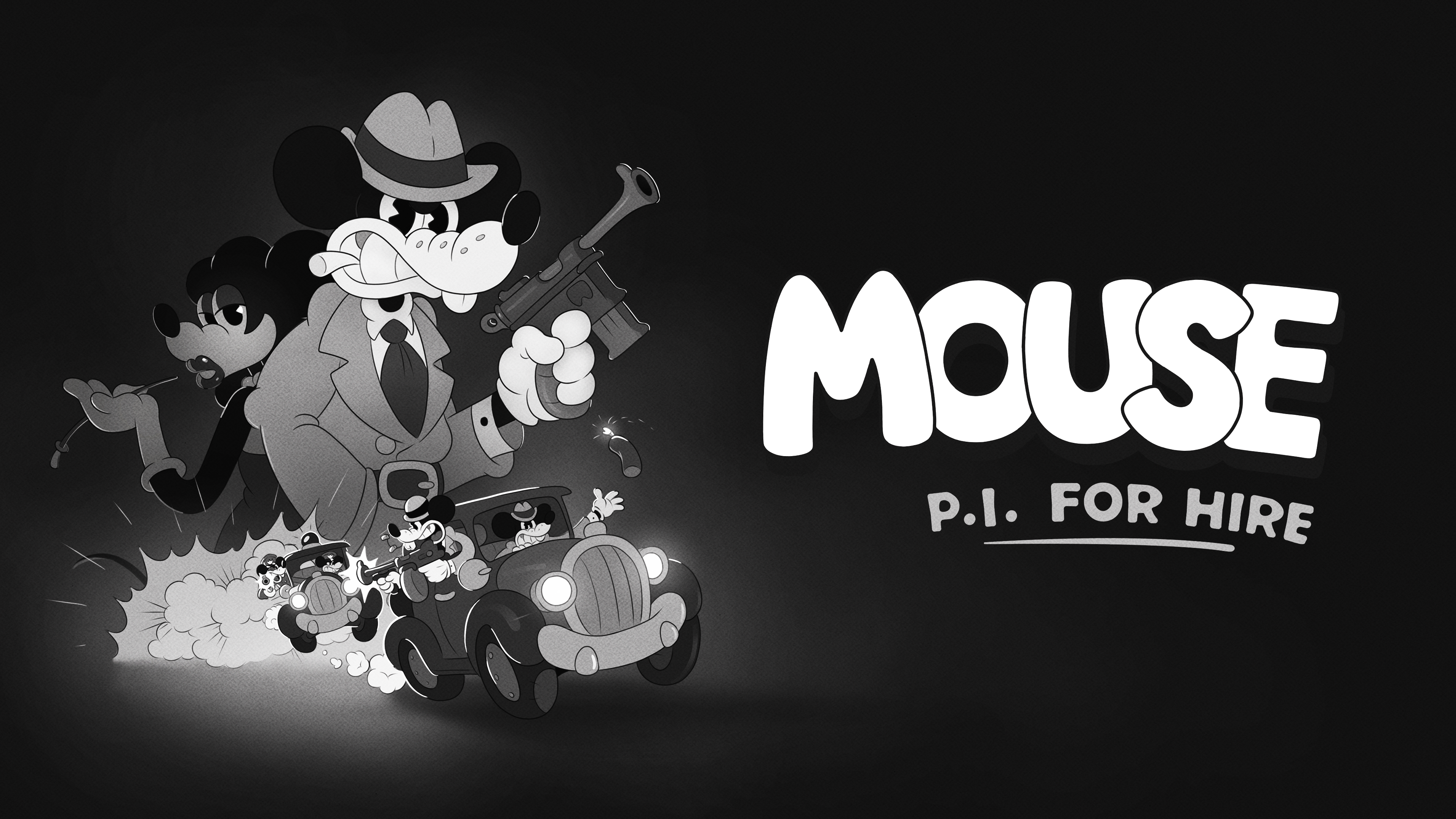 Affiche principale pour MOUSE : P.I. À louer par Fumi Games et PlaySide Studios. Image en noir et blanc représentant deux souris anthropomorphes dessinées dans un style vintage inspiré des figurines en caoutchouc. La souris de gauche tient un pistolet et un morceau de fromage. La souris de droite tient une clé.