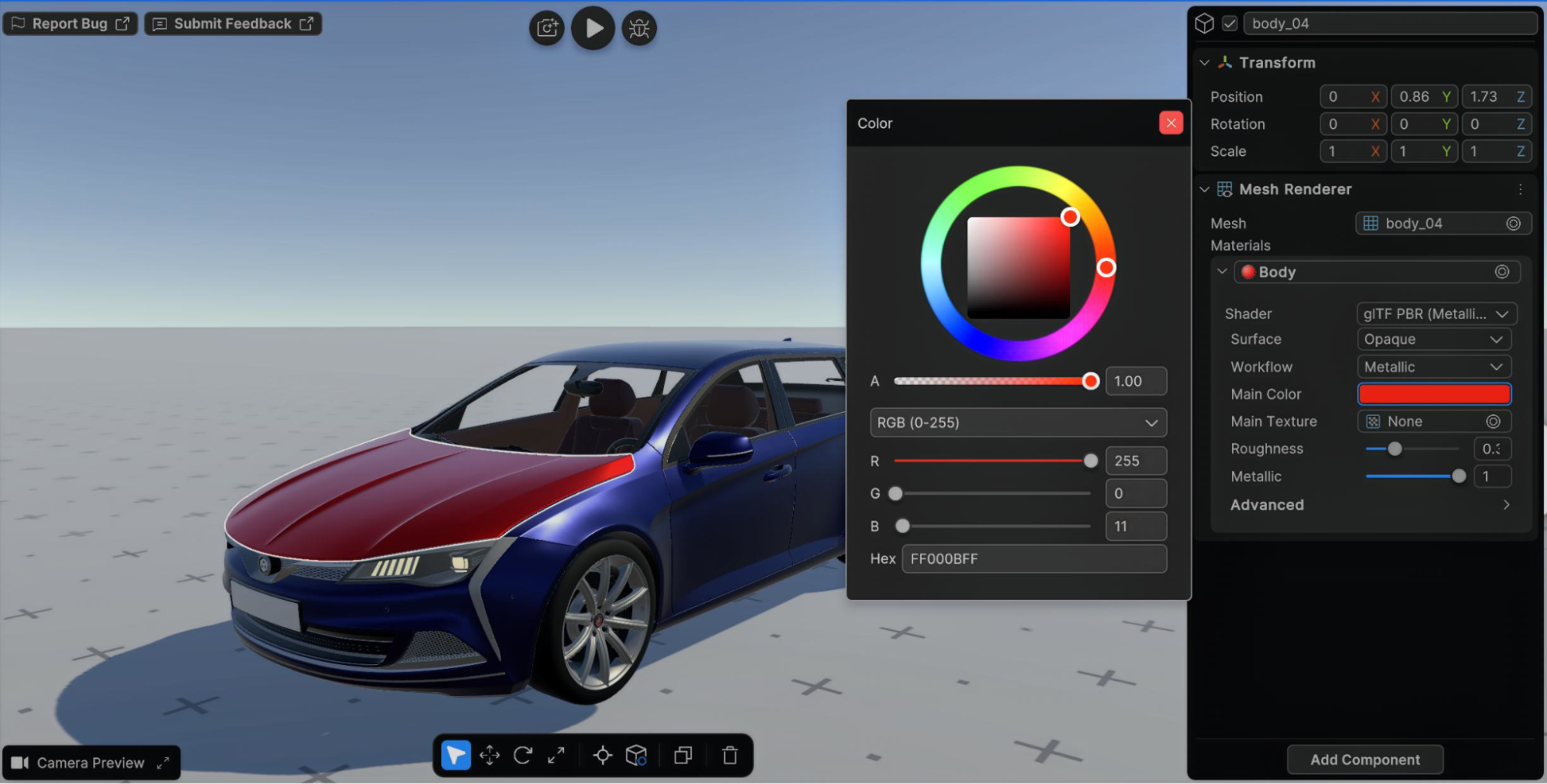 Unity Studio_자동차 리뷰 템플릿의 자동차 모델을 구성하는 개체 중 하나에 대한 인스펙터