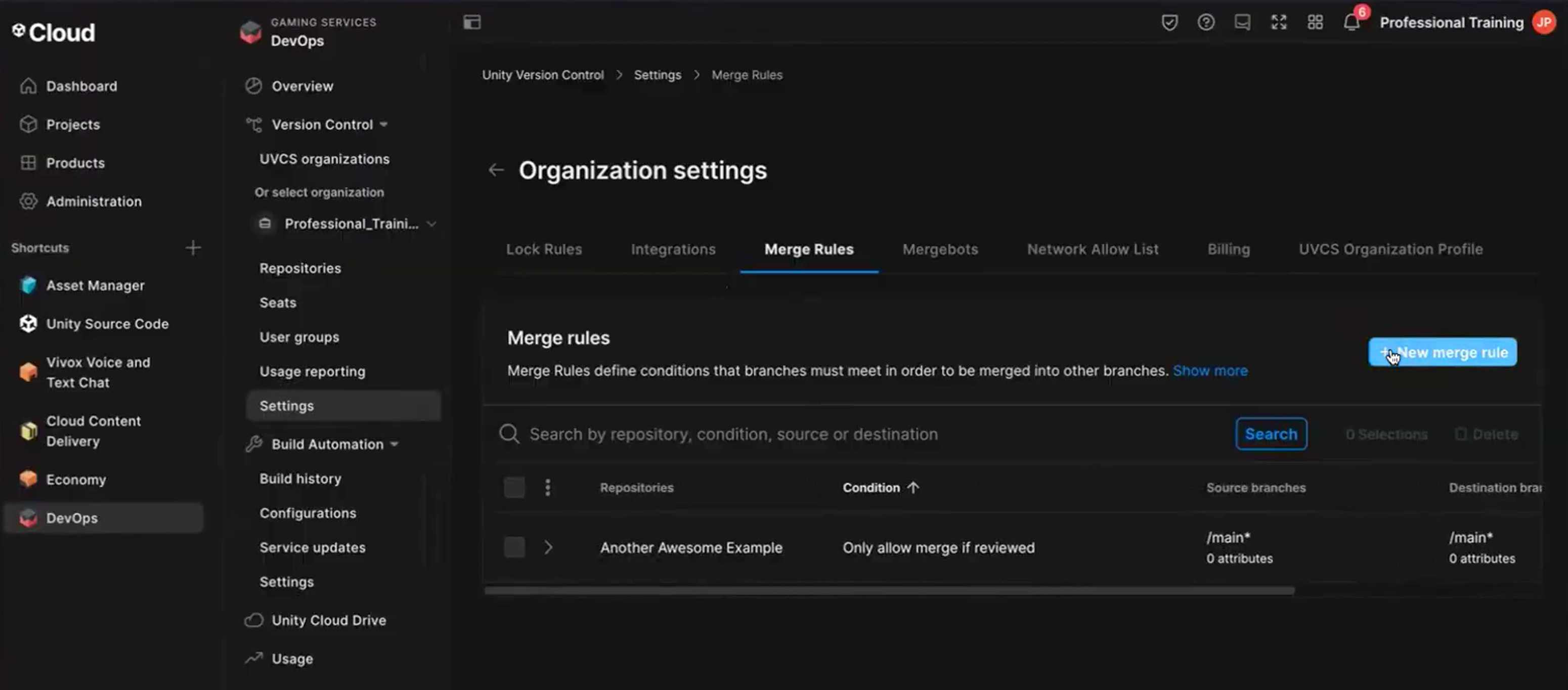 ‘New Merge Rule’ option in Unity DevOps in the Unity Cloud dashboard