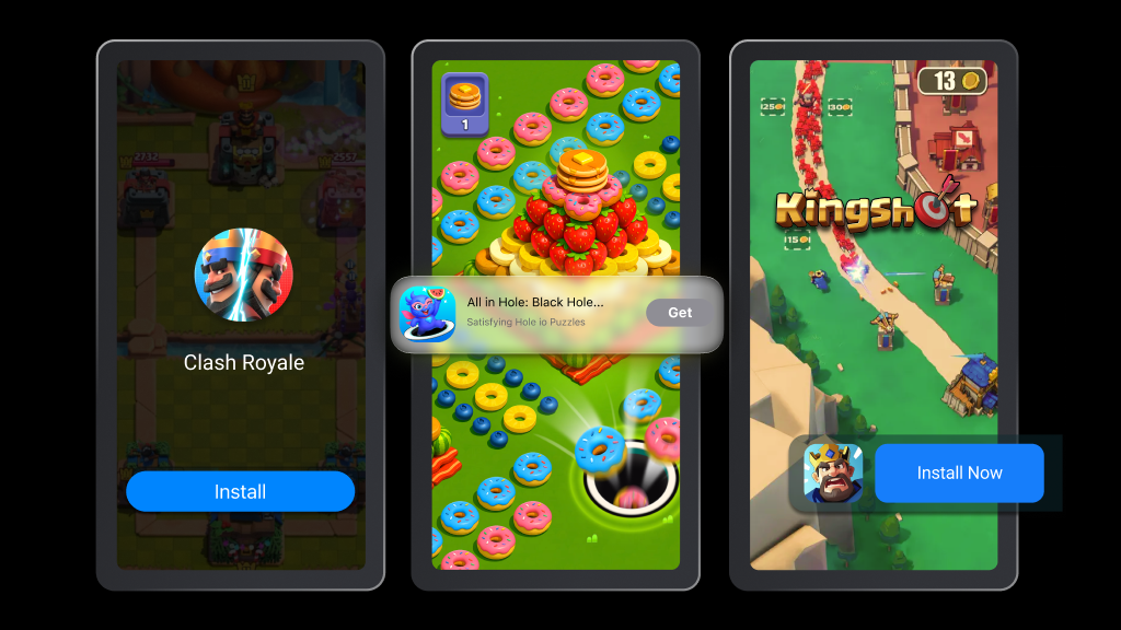A promotional graphic showing two smartphones floating against a dark background, demonstrating mobile game advertisements and interactive gameplay.