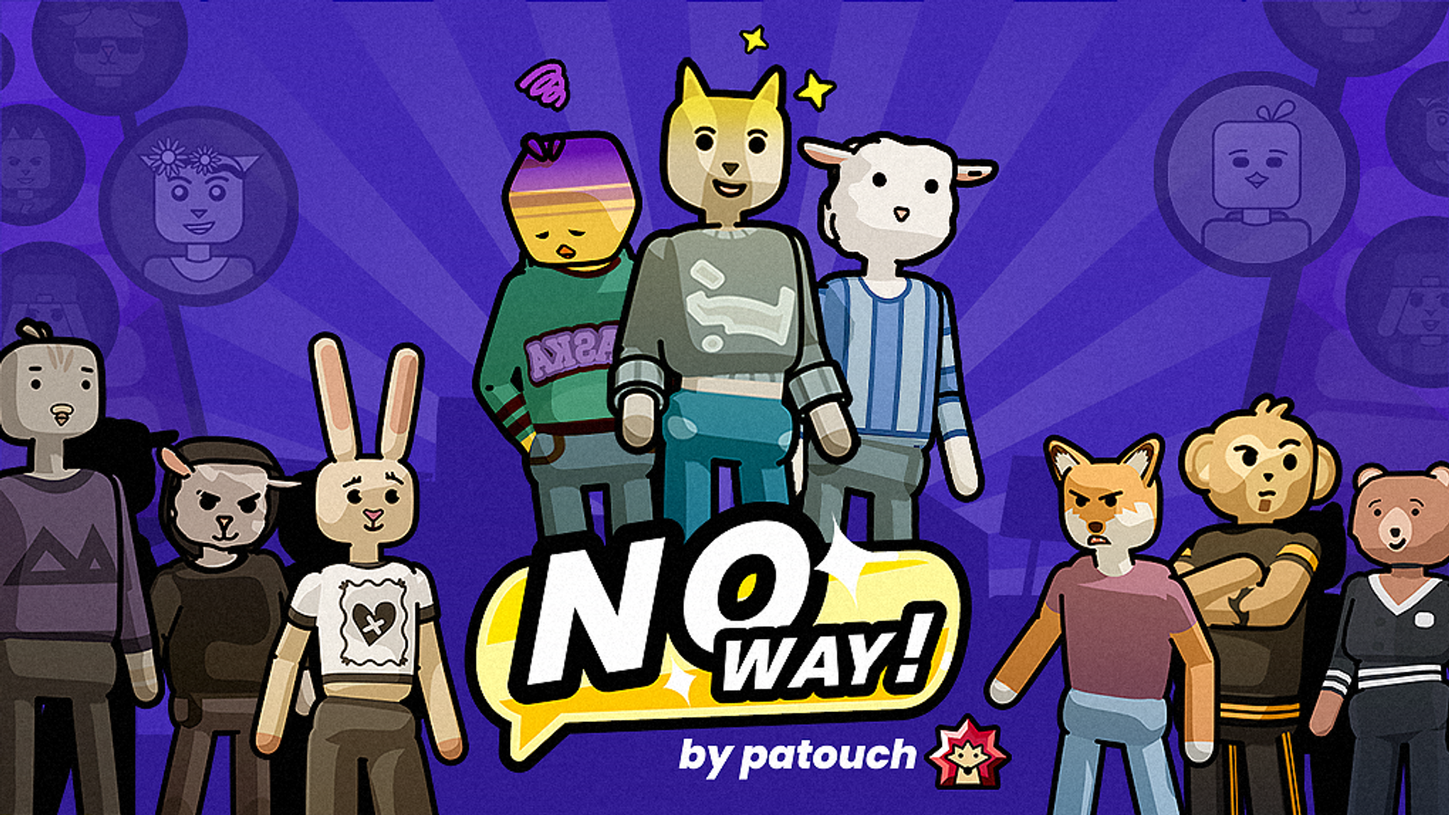 游戏《No Way! by patouch》的宣传横幅广告,以鲜艳的紫色为背景,呈现了一系列风格化、造型独特的动物头角色。