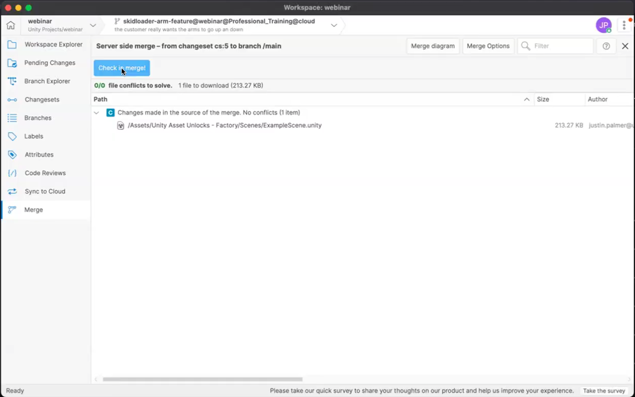 ‘Check in merge!’ in Unity Version Control