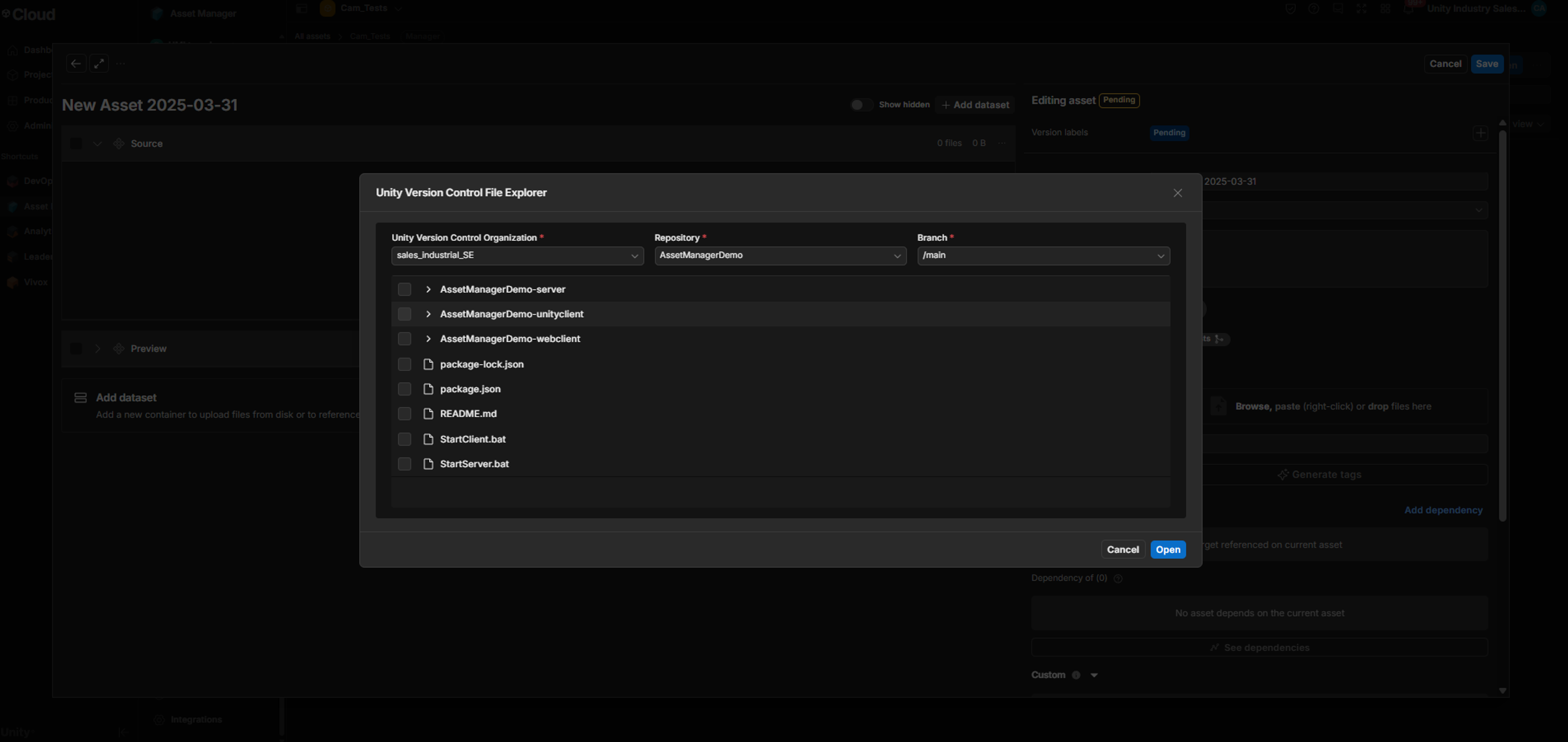 screenshot of Browse UVCS screen with dropdown