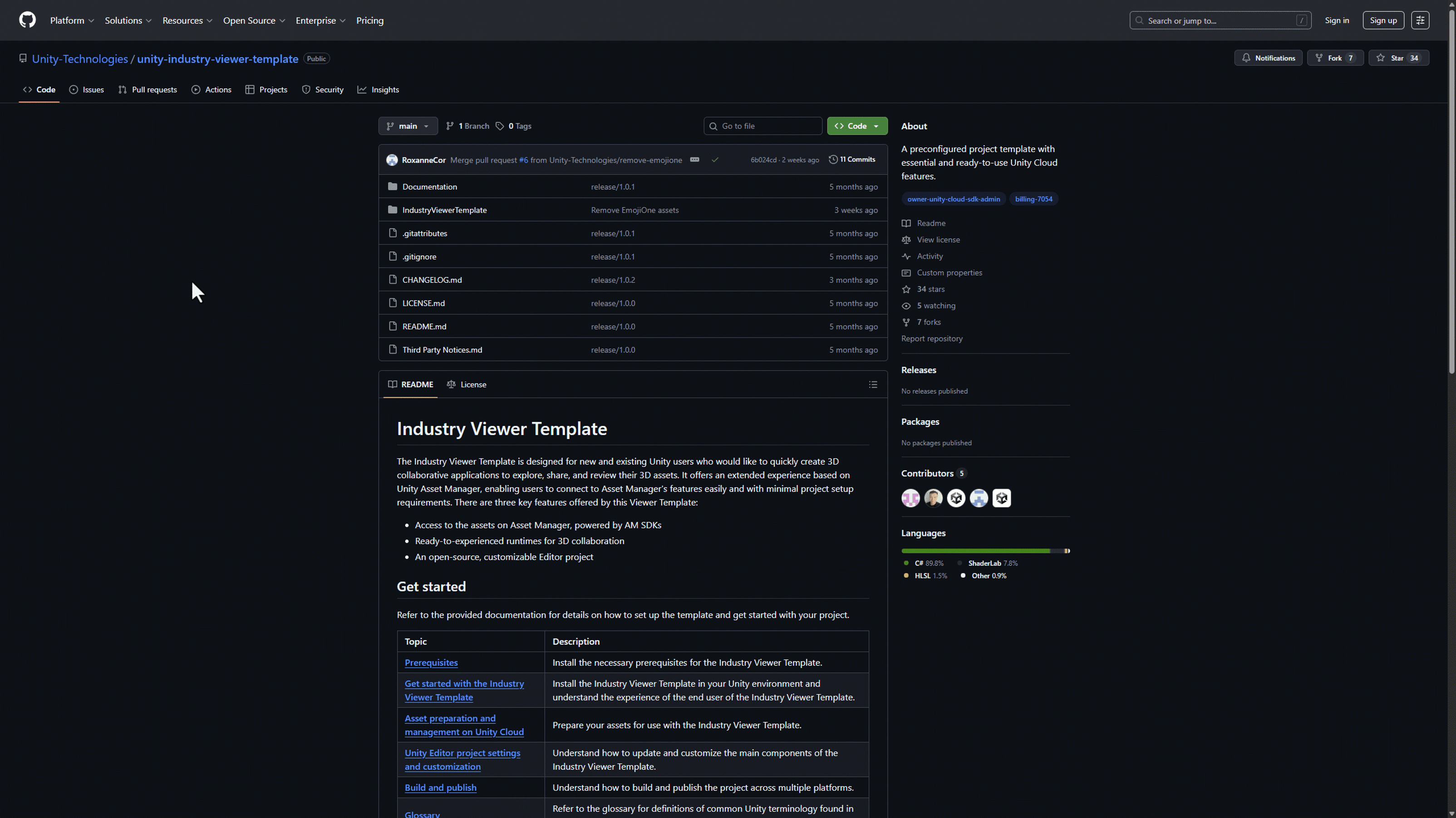 GitHub screenshot of Unity Industry Viewer Template