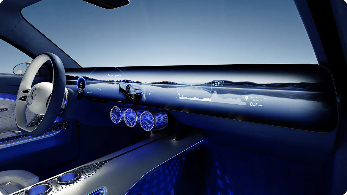 A high-tech interior of a luxury vehicle, featuring a massive panoramic digital dashboard displaying a 3D driving environment and energy metrics.