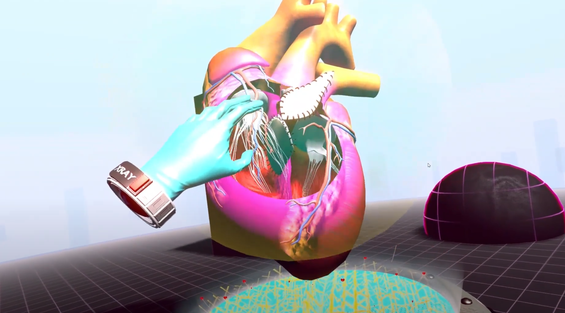 Một bàn tay đang phẫu thuật trái tim trong không gian 3D