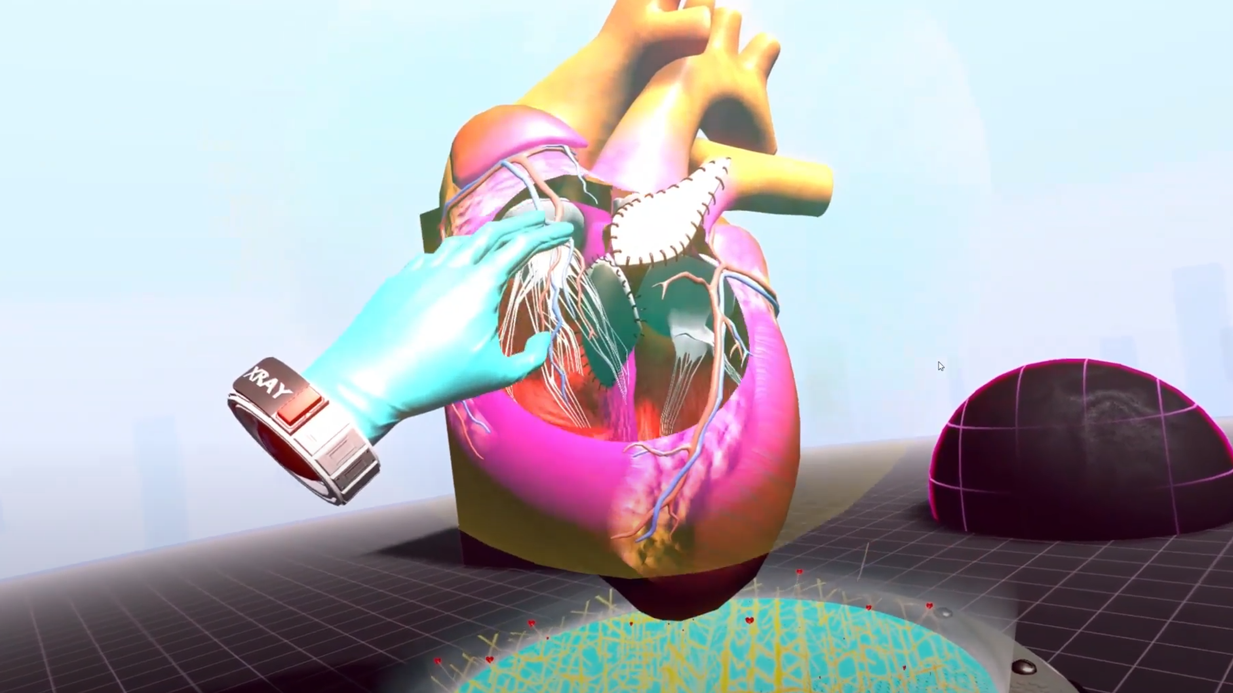 Một bàn tay đang phẫu thuật trái tim trong không gian 3D