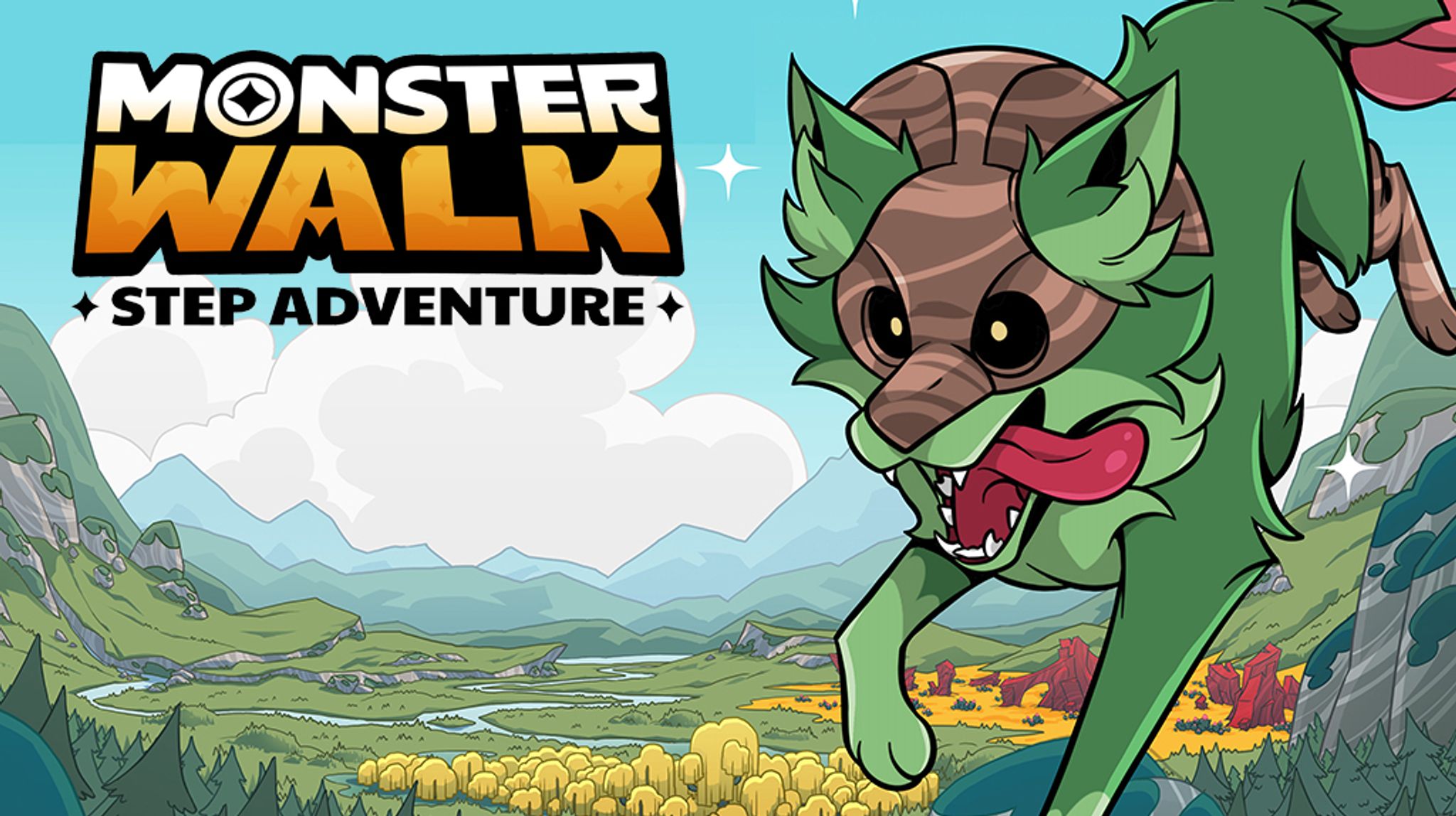 “怪兽漫步”横幅广告:《Step Adventure》描绘了一只绿色狼形生物在辽阔的山谷景观中运行的场景。