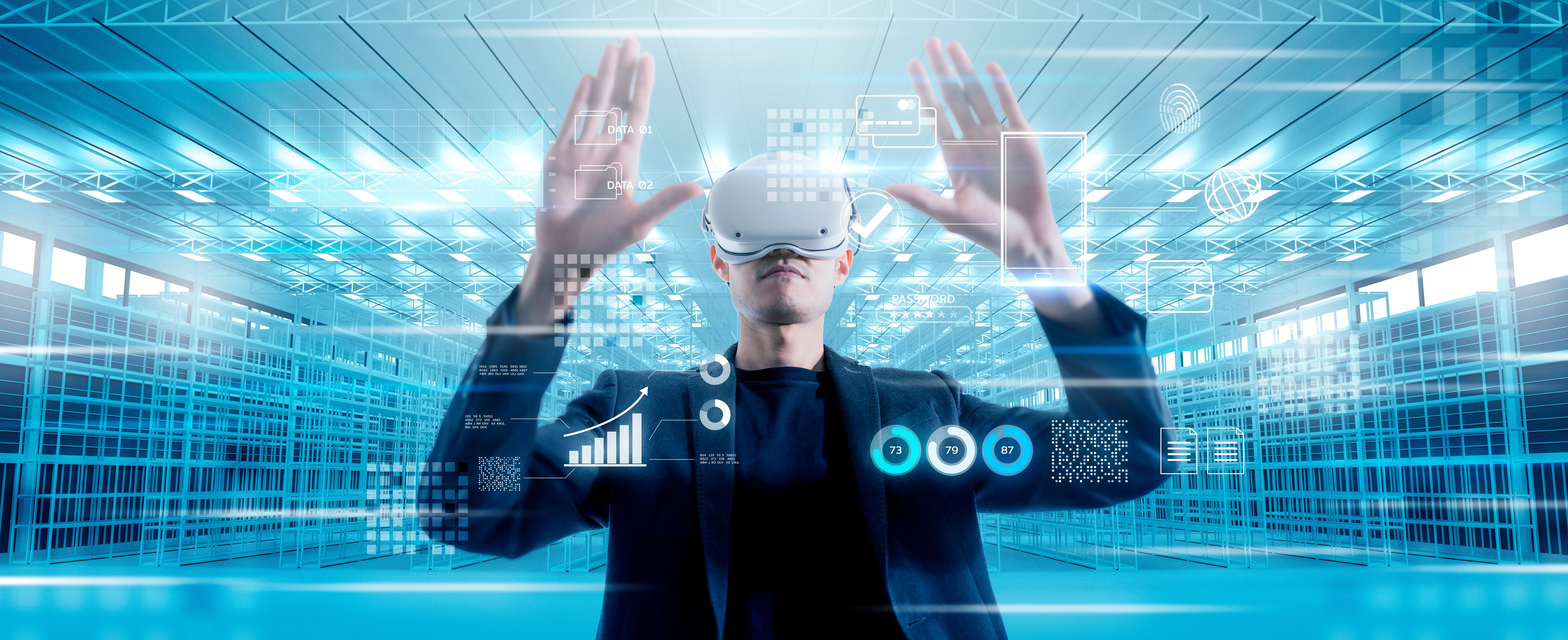VR ヘッドセットを装着してバーチャルデジタルディスディスプレイを見ている人物