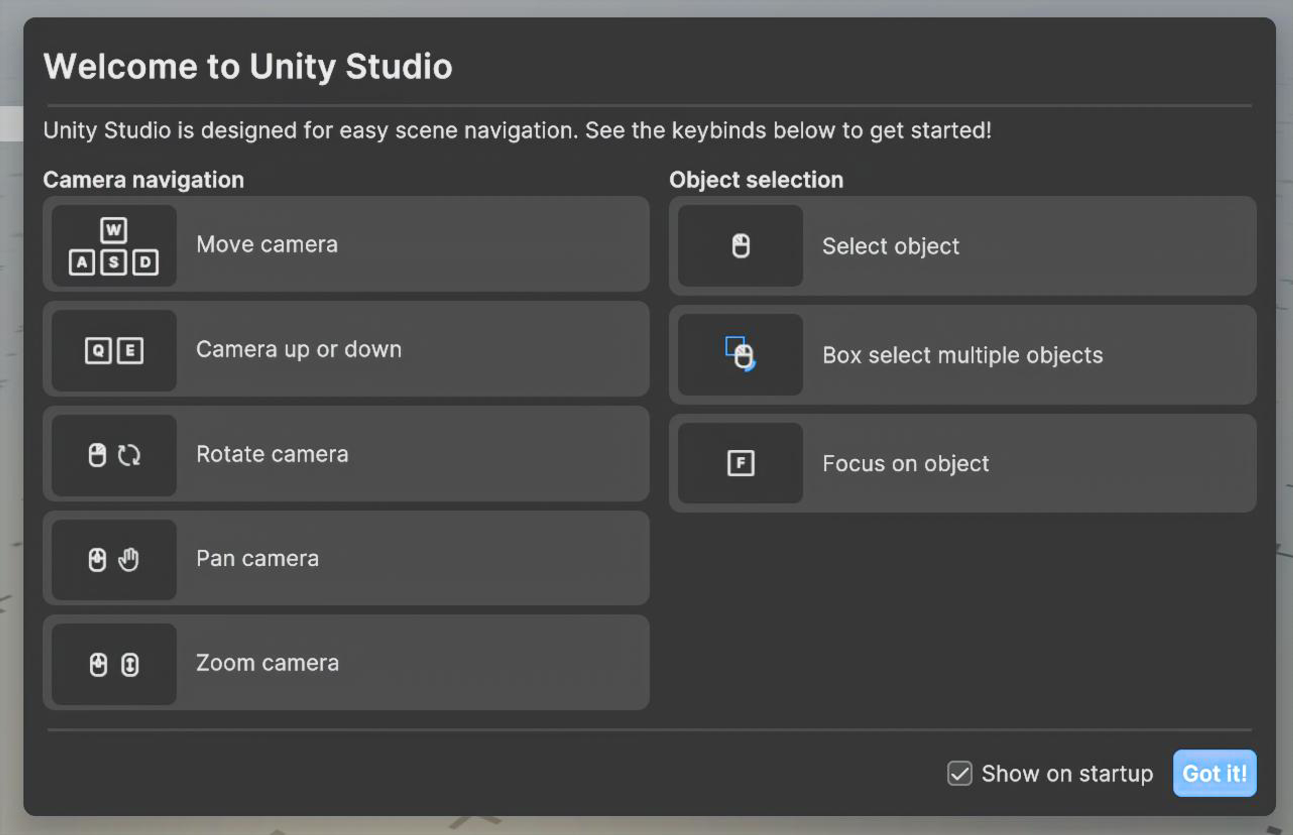 Unity Studio의 환영 화면