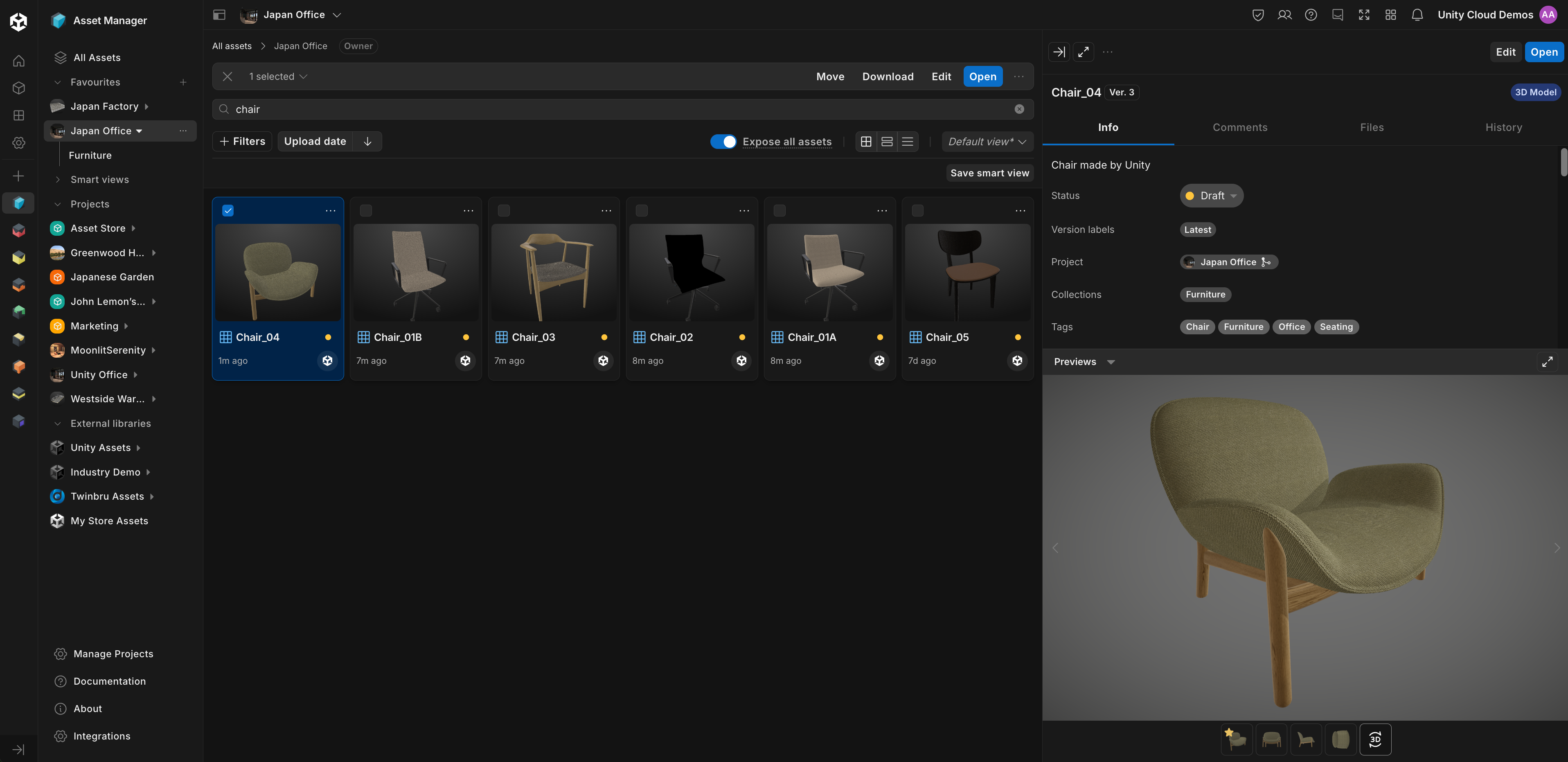 Screenshot of office furniture assets for an office digital twin in the Unity Asset Manager
