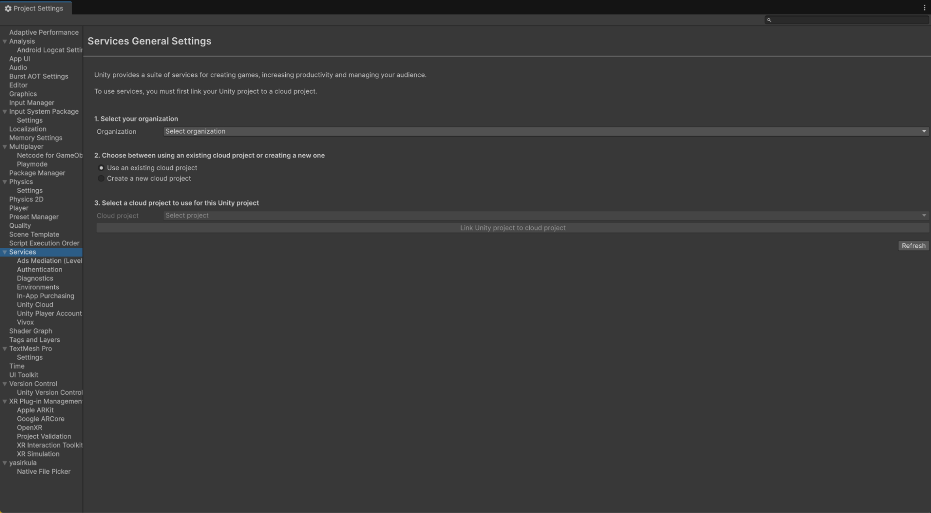 Services General Settings in the Project Settings in the Unity Editor
